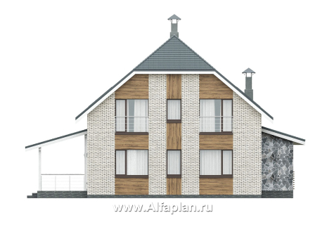 «Династия» - проект дома с мансардой, с террасой сбоку, мастер спальня - превью фасада дома