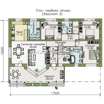 «Рубикон» - проект одноэтажного дома, планировка с панорамным эркером и с просторной террасой, в современном стиле - превью план дома
