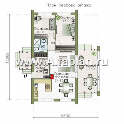 Проекты домов Альфаплан - «Каппа» - небольшой одноэтажный коттедж с террасой - превью плана проекта №1
