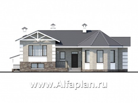 Проекты домов Альфаплан - «Тайный советник» - полутораэтажный коттедж с небольшим цоколем - превью фасада №1