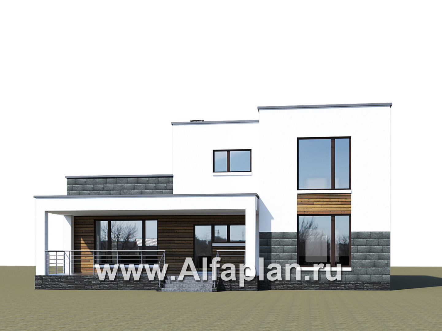 Проекты домов Альфаплан - «Футура» - современный двухэтажный дом с плоской кровлей и гаражом-навесом - дополнительное изображение №3