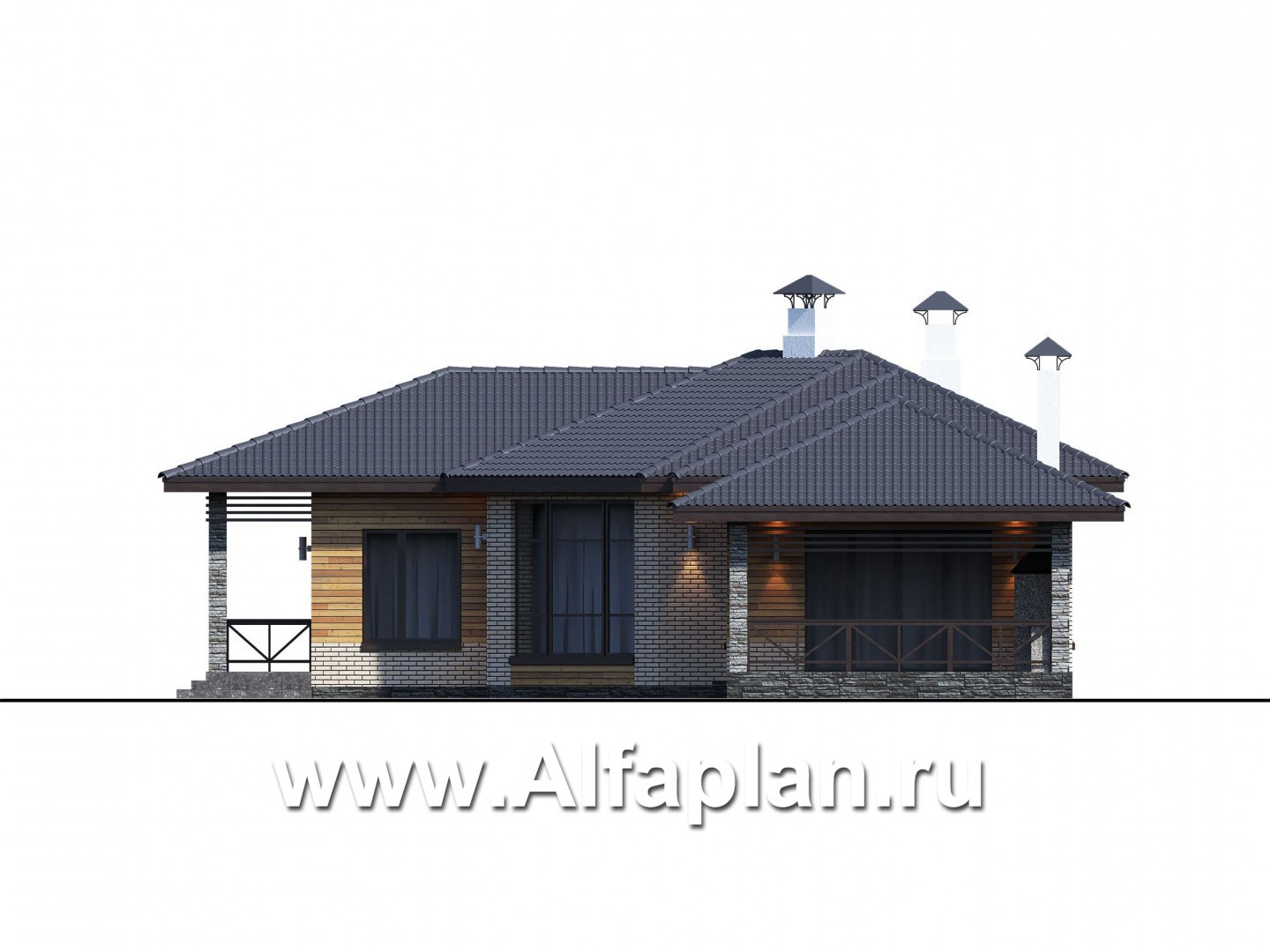 Проекты домов Альфаплан - "Ореол" - проект углового одноэтажного дома с террасой - изображение фасада №1