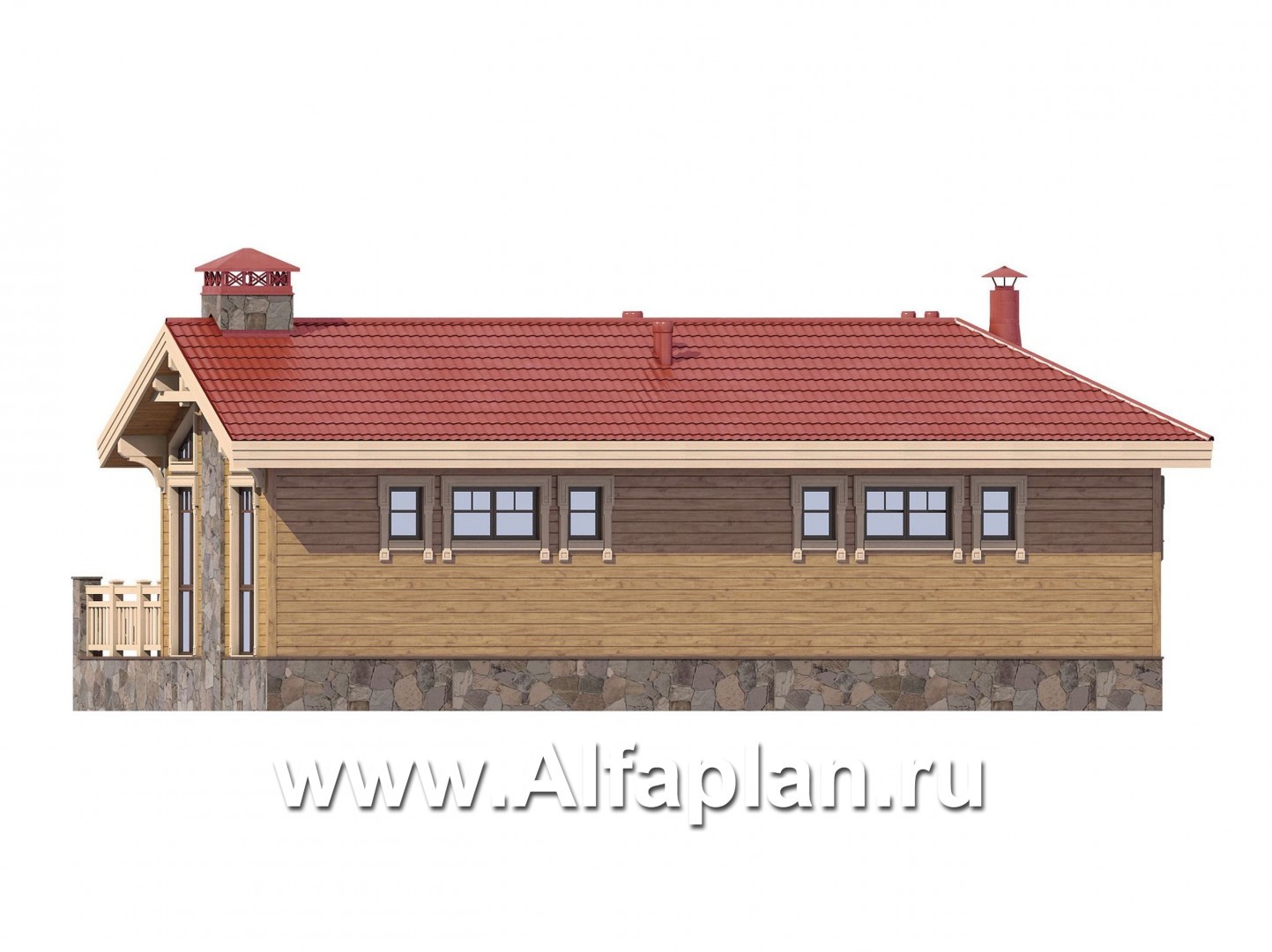 Проект бани из бруса, с террасой и с купелью, с диагональным решением - фасад дома