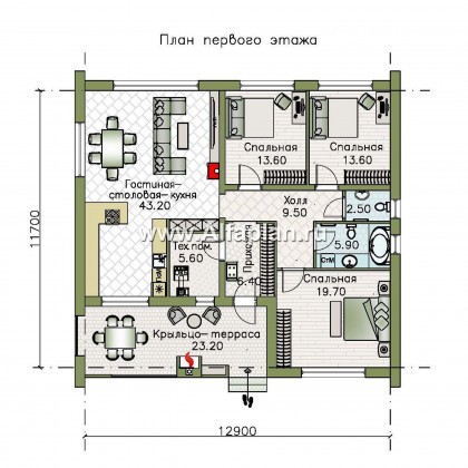 Проекты домов Альфаплан - «Веда» - проект одноэтажного дома в стиле барн (три спальни) - превью плана проекта №1
