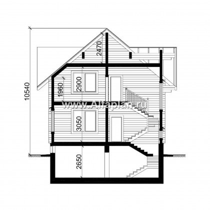 Проект двухэтажного дома из бруса, планировка с кабинетом и с эркером, терраса со стороны входа, с сауной в цокольном этаже - превью план дома