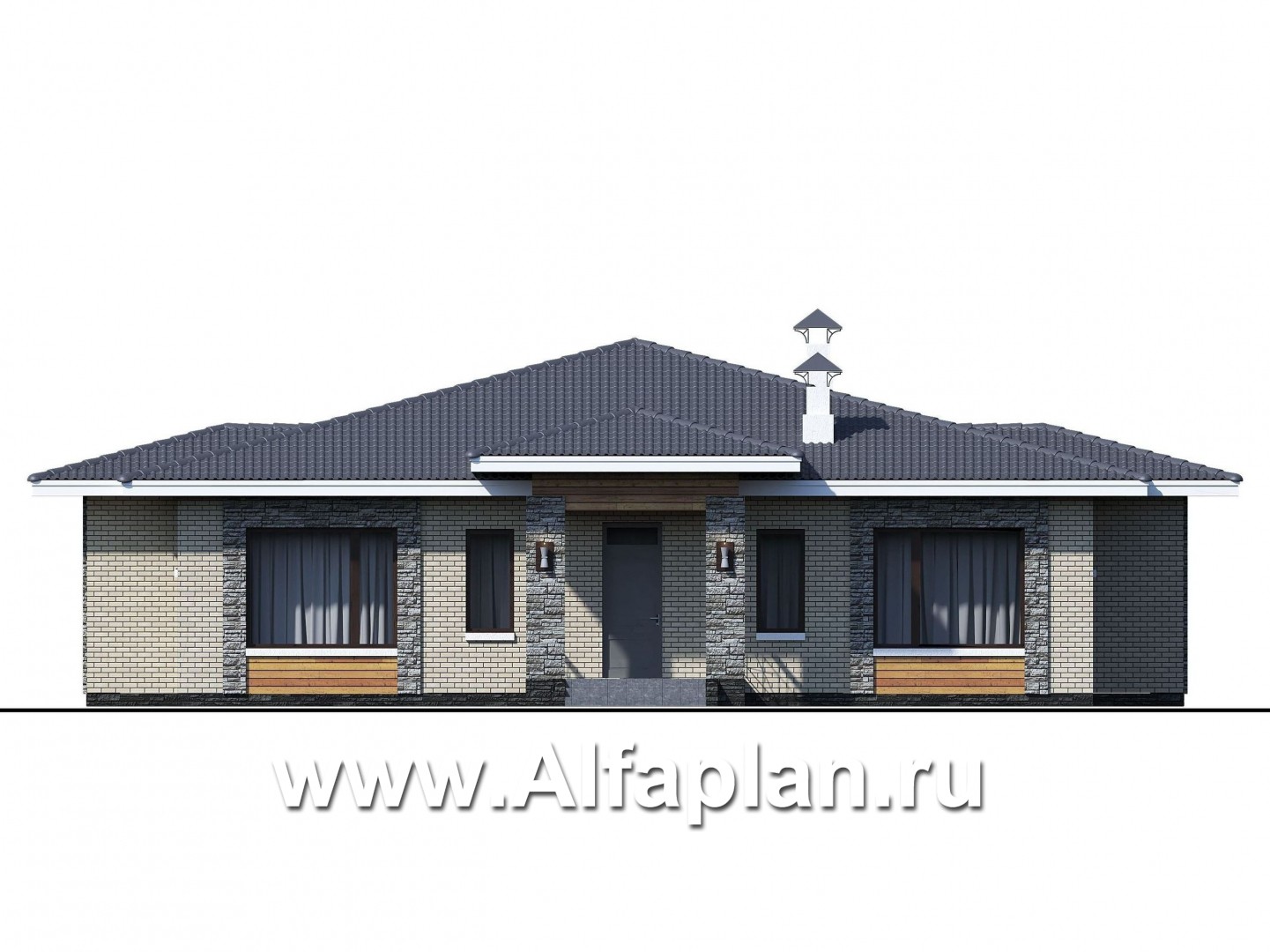 Проекты домов Альфаплан - «Аккорд» - просторный одноэтажный дом с симметричными фасадами - изображение фасада №1