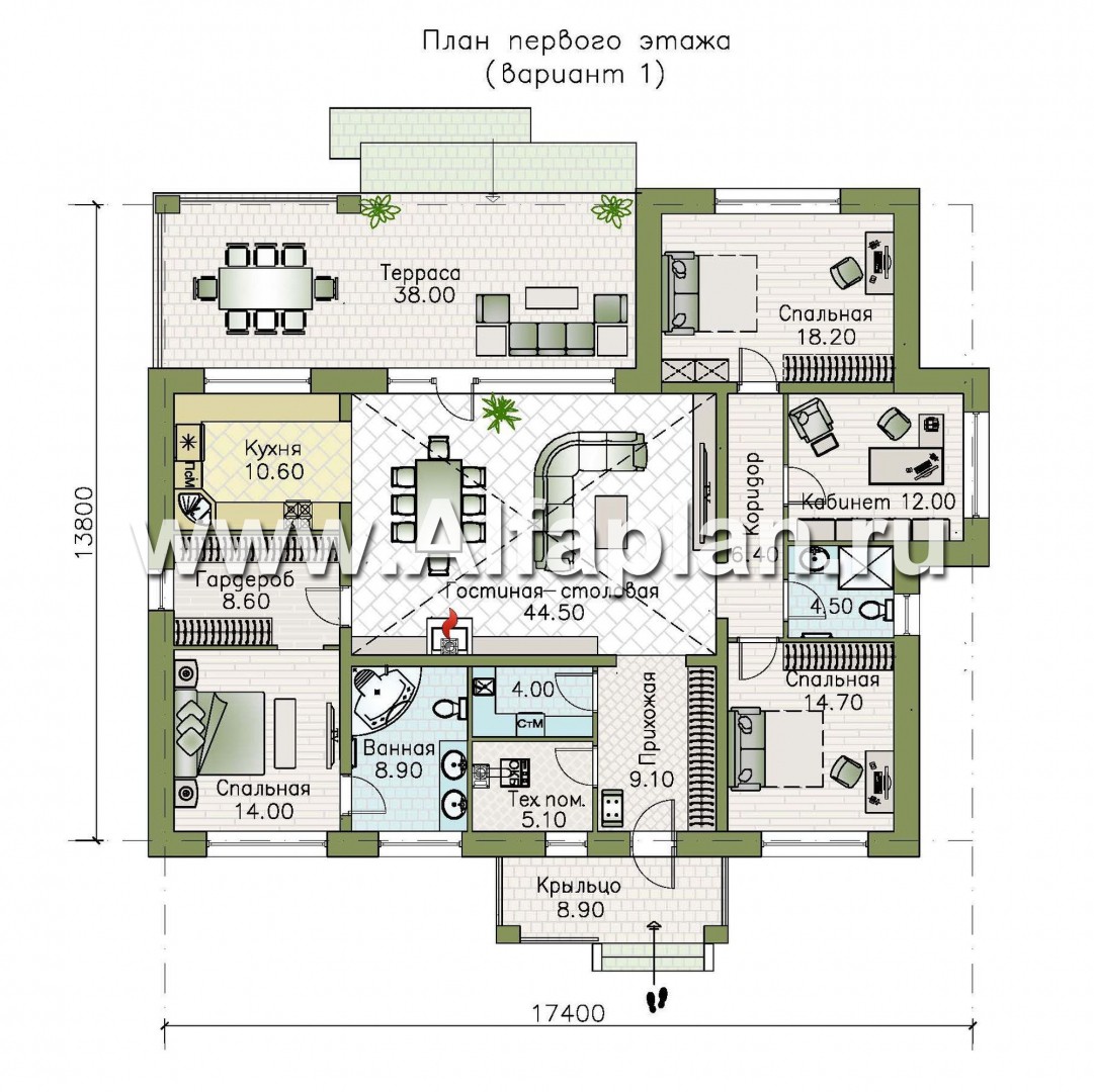 Проекты домов Альфаплан - «Аризона» - уютный одноэтажный дом с террасой - изображение плана проекта №1