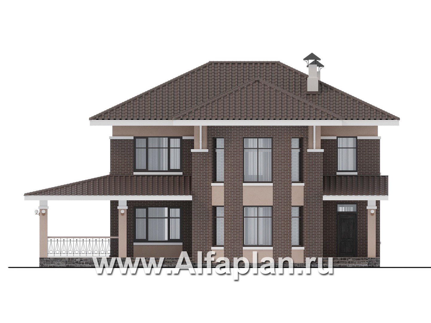 Проекты домов Альфаплан - "Вермеер" - проект двухэтажного дома с эркером и лестницей в гостиной - изображение фасада №1
