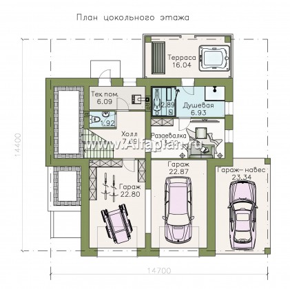 «Линия горизонта» - современный проект дома из кирпича, с гаражом в цоколе - превью план дома