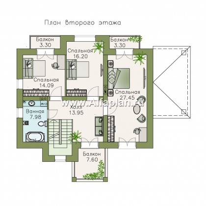 «Разумовский» - проект двухэтажного дома из кирпича, с террасой и с балконом - превью план дома