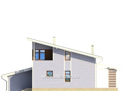Проект каркасного дома с мансардой, планировка со вторым светом в гостиной, с навесом на 1 авто, в стиле минимализм - превью фасада дома