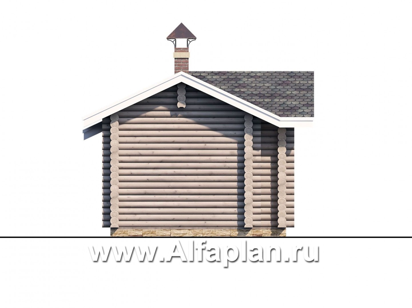 Проект бани, из дерева, из бревен, с террасой, вдоль границы участка - фасад дома