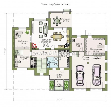 «Ясная поляна» - проект двухэтажного дома для большой семьи с гаражом на два автомобиля - превью план дома