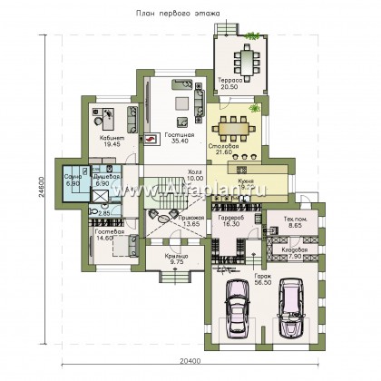 «Рейн» - проект двухэтажного дома, вилла со вторым светом в холле, с террасой и с гаражом на 2 авто - превью план дома