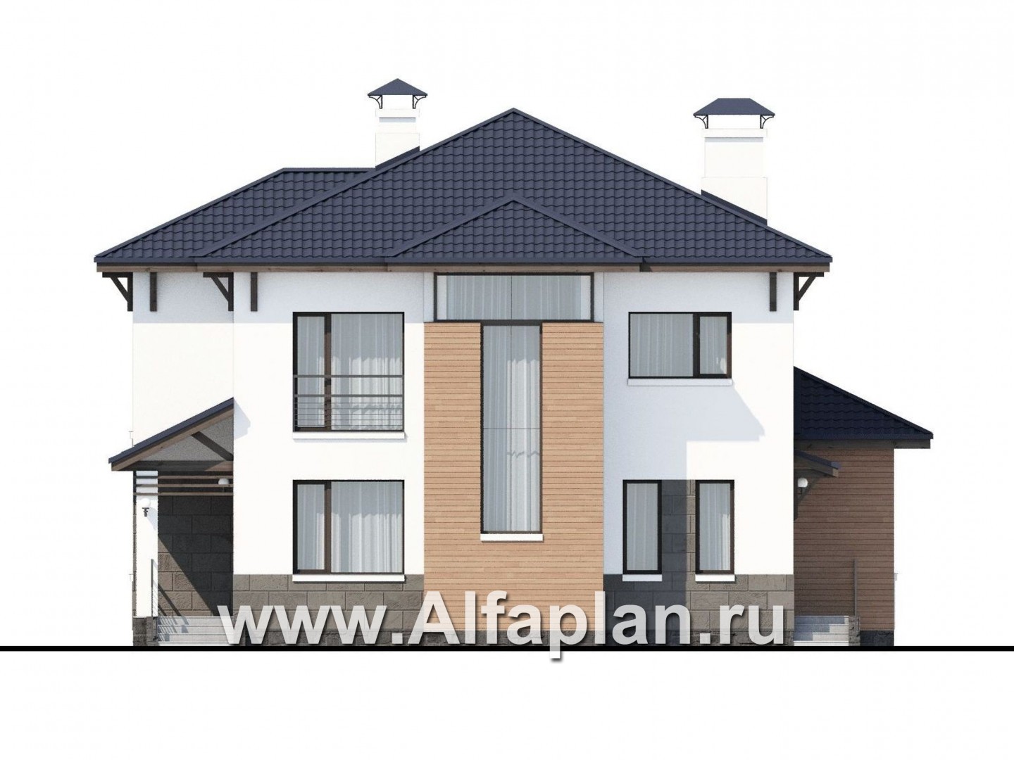 Проекты домов Альфаплан - «Эликсир» - современный коттедж с эффектной гостиной - изображение фасада №1