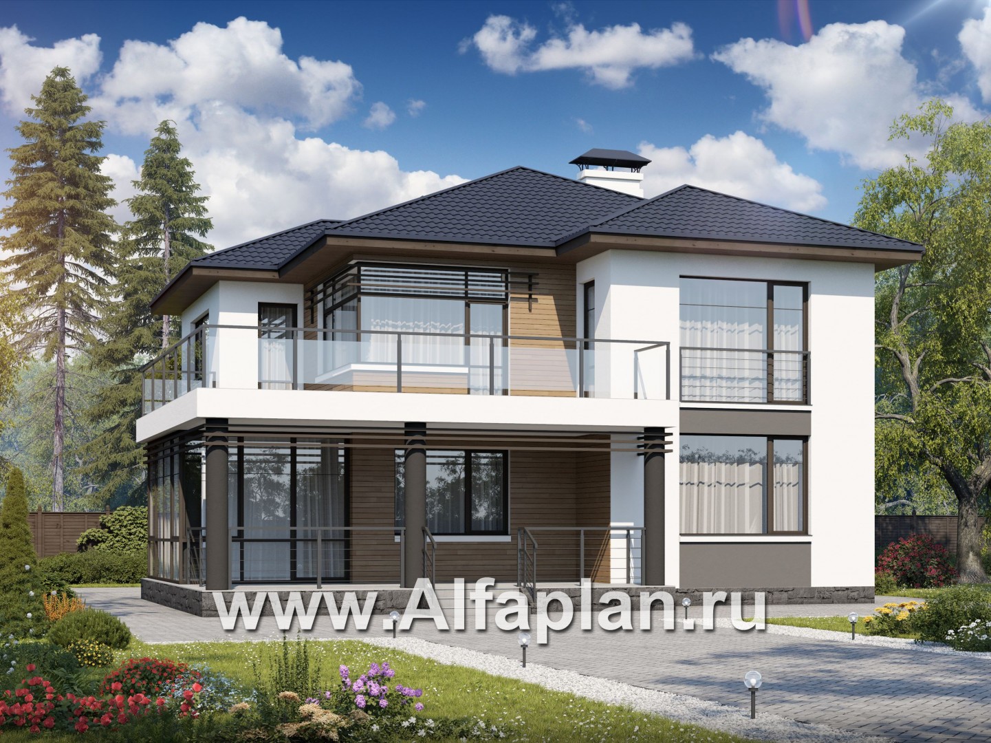 Проекты домов Альфаплан - «Эффект бабочки» - современный дом с красивой угловой террасой - основное изображение