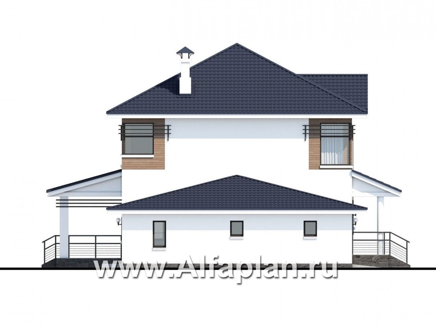 Проекты домов Альфаплан - «Рассвет» - коттедж с эффектными угловыми окнами, гаражом и верандой - изображение фасада №3