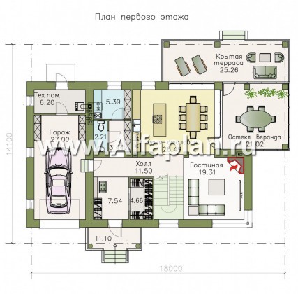 Проекты домов Альфаплан - «Рассвет» - коттедж с эффектными угловыми окнами, гаражом и верандой - превью плана проекта №1