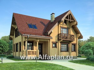 Проект деревянного дома с мансардой, из бревен, с верандой