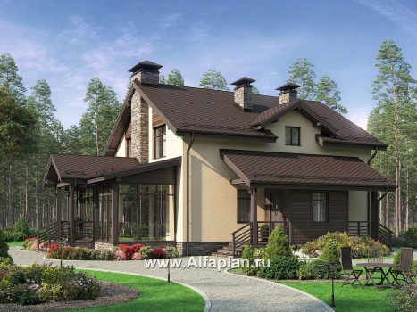 Проект дома с мансардой, планировка с террасой и сауной - превью дополнительного изображения №1