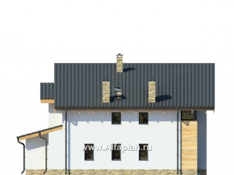 Проект дома с мансардой, план с кабинетом на 1 эт и мастер спальня на 2 эт, с угловой террасой, в современном стиле, коттедж с односкатной крышей - превью фасада дома