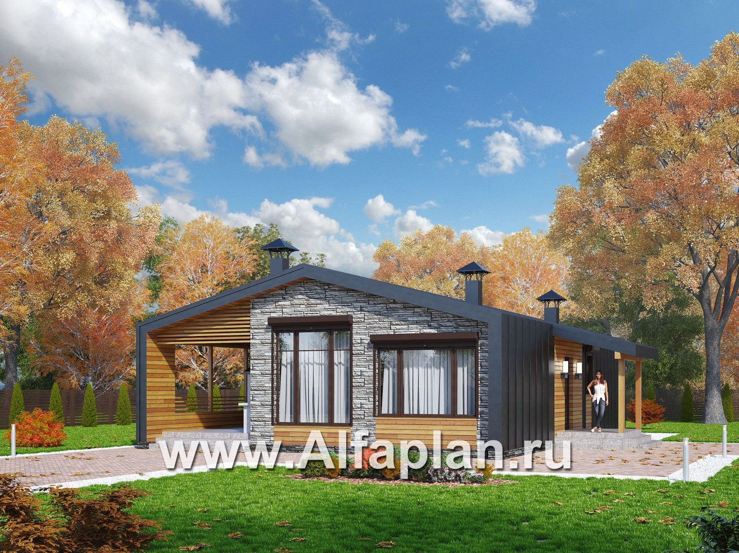 Проекты домов Альфаплан - «Йота» - каркасный дом с сауной - основное изображение